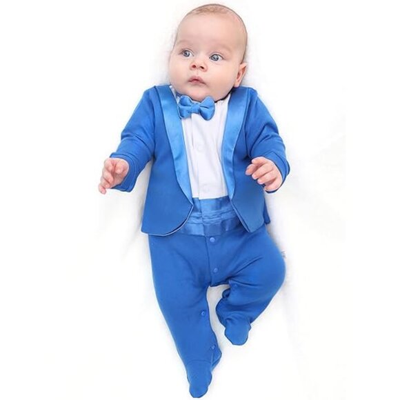 Baby Boy Blue Gentleman Tuxedo Footie Outfit with Bow Tie SZ NB - Picture 1 of 11